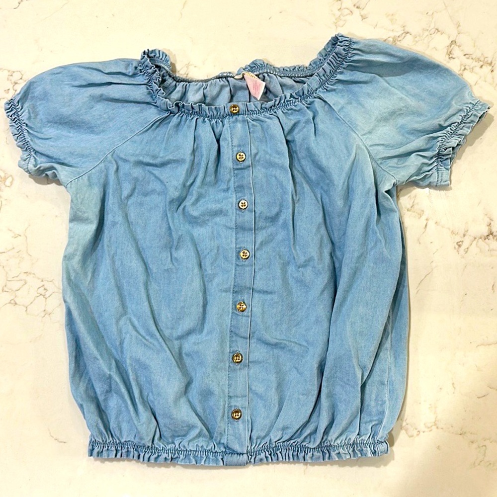 Denim gold button puff sleeve